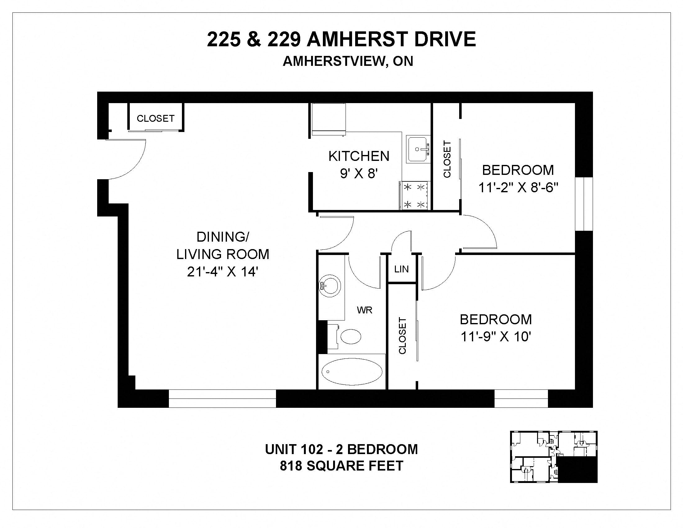 Floor plan for 2 beds, 1 bath, 818 sqft